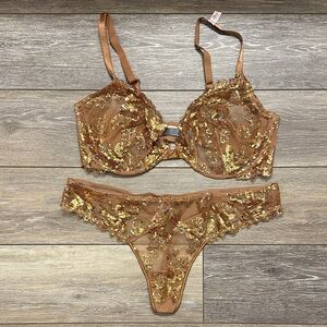 Victoria’s Secret Golden Copper Sequin Bra & Panty Set Unlined 38DD XL Panty New